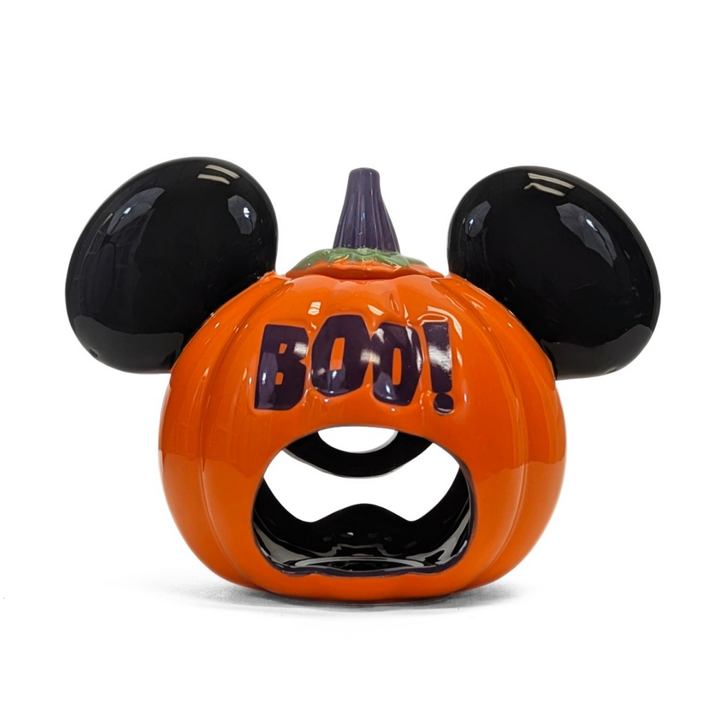 Pumpkin-shaped container with Mickey Mouse ears and 'BOO!' text on a white background