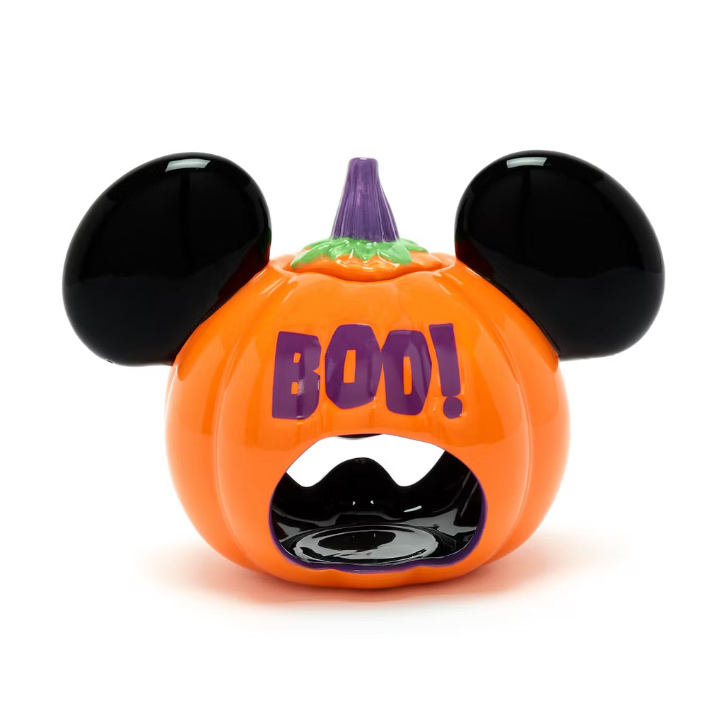 Pumpkin-shaped toy with Mickey Mouse ears and 'BOO!' text on a white background