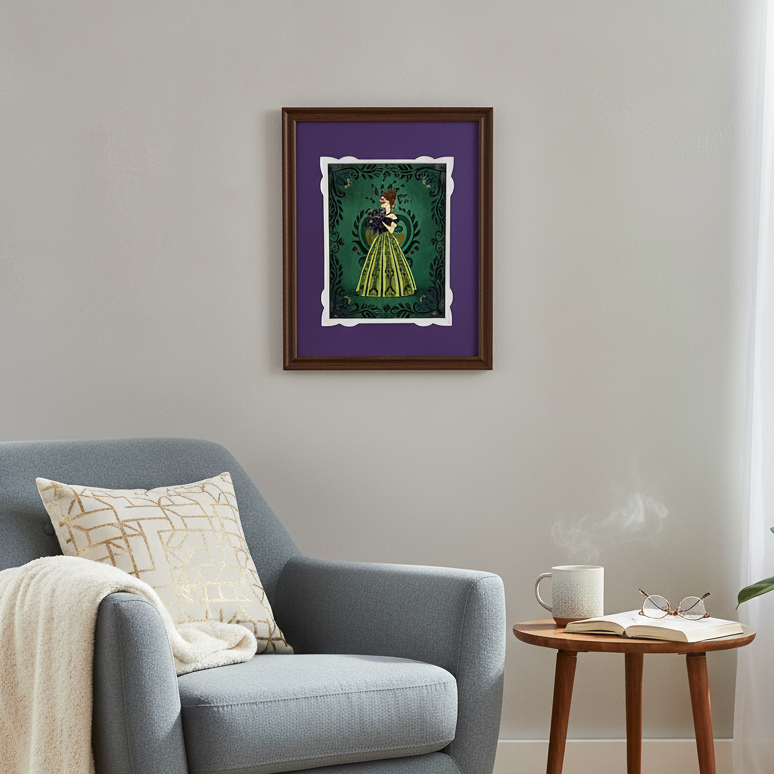 Cozy living room with a gray armchair, small wooden table, and framed artwork on the wall.