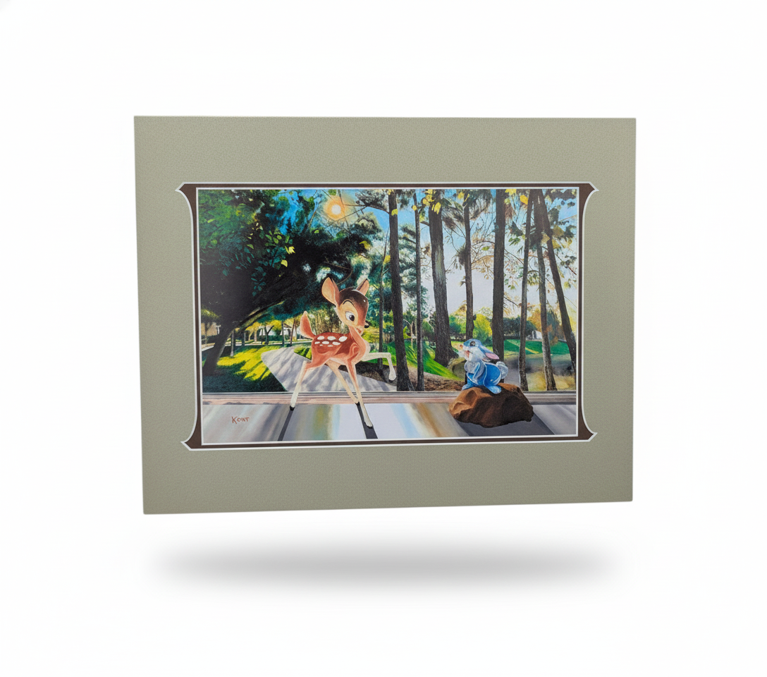 Disney Bambi's Window Print by Kent Hammerstrom, matted art with Bambi and Thumper in forest setting.
