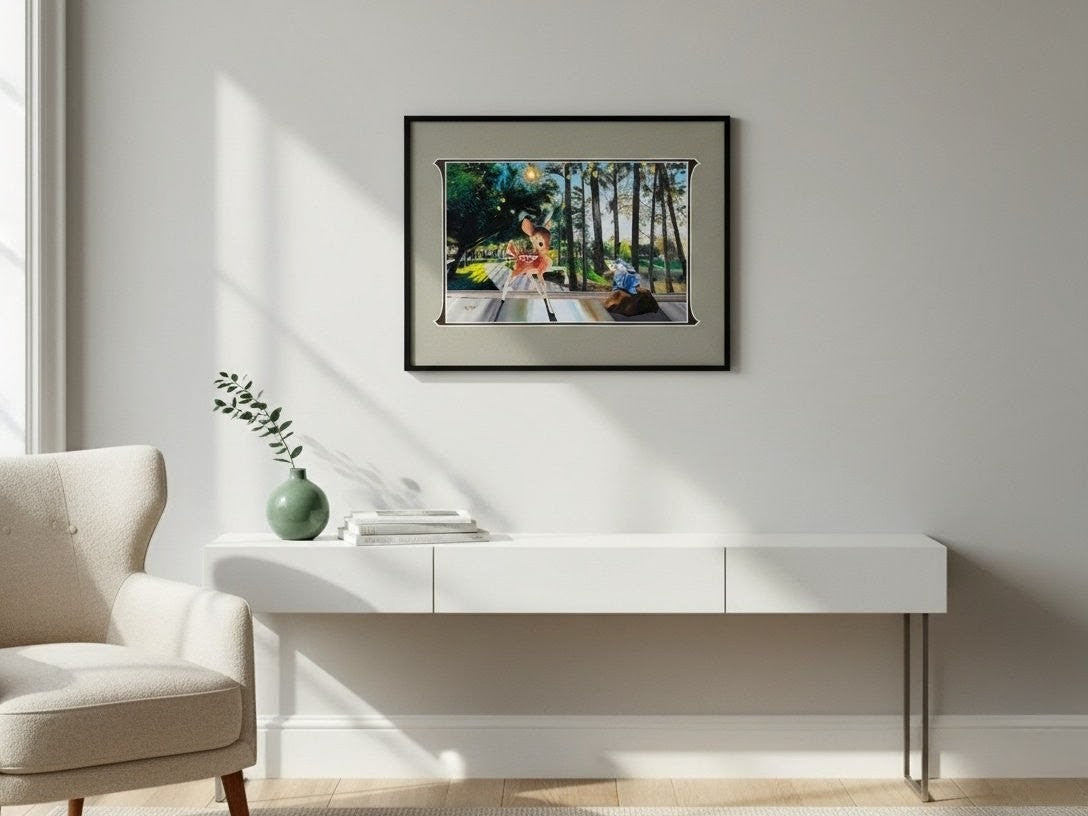 Disney Bambi's Window Print by Kent Hammerstrom, matted art with Bambi and Thumper in forest setting. framed lifestyle
