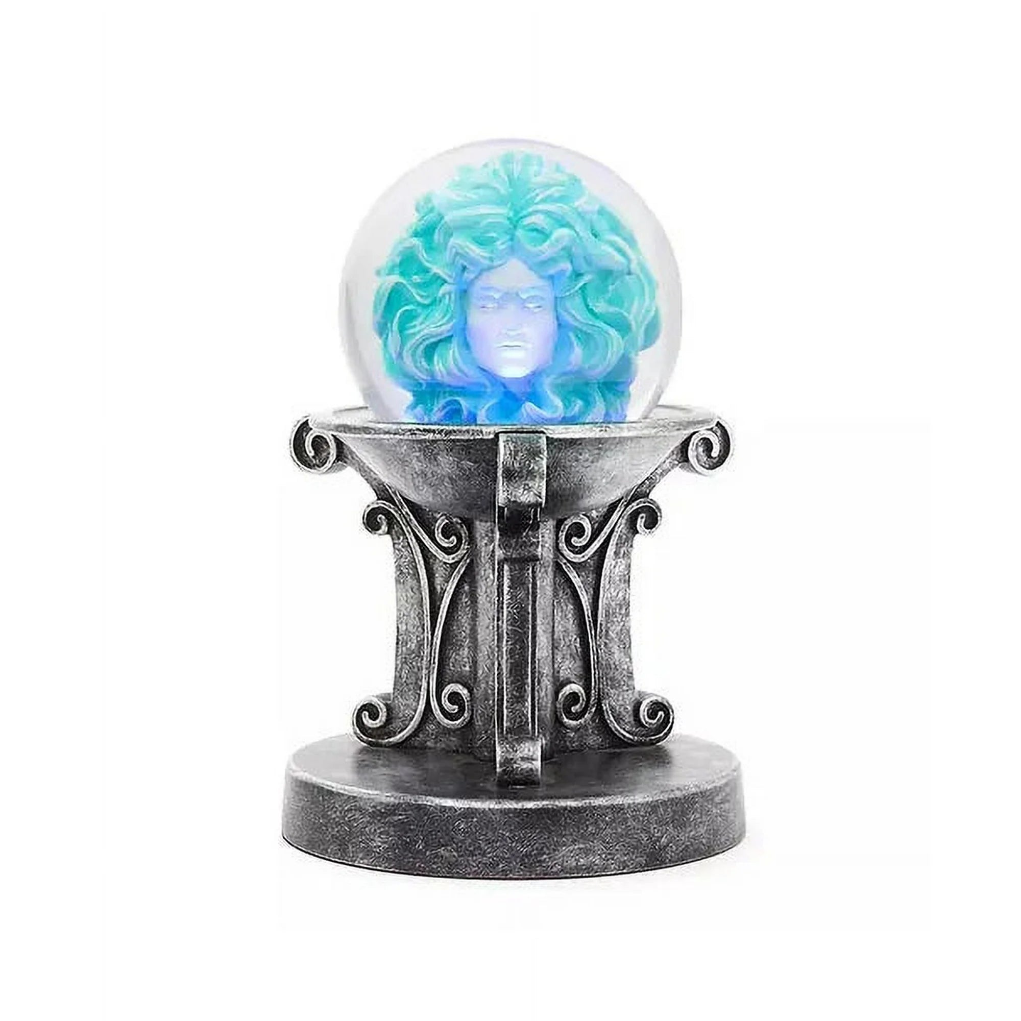 Decorative figure with a glass sphere containing a blue and green design on a white background