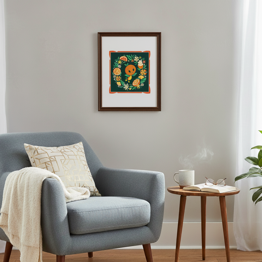 Cozy living room with a gray armchair, small wooden table, and framed artwork on the wall.