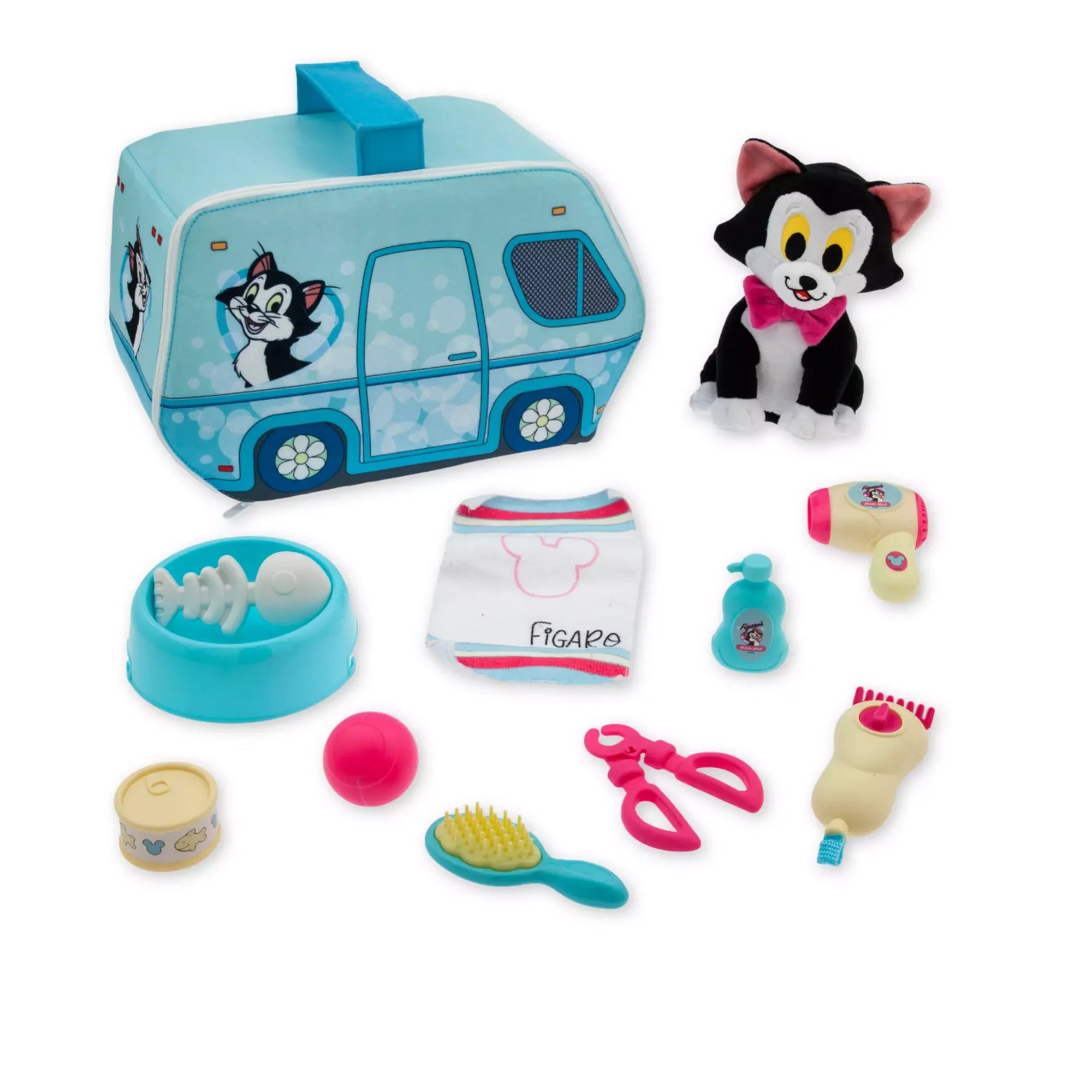 Disney Figaro Junior Doll Playset with plush, brush, ball, and pet salon van case for Pinocchio fans.


