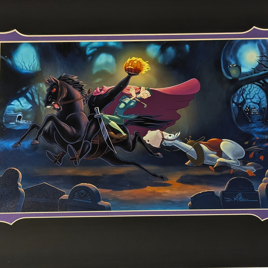 Disney Headless Horseman 'A Head Behind' Print by Daniel Killen, 18x14 with black mat and purple border, Halloween decor.