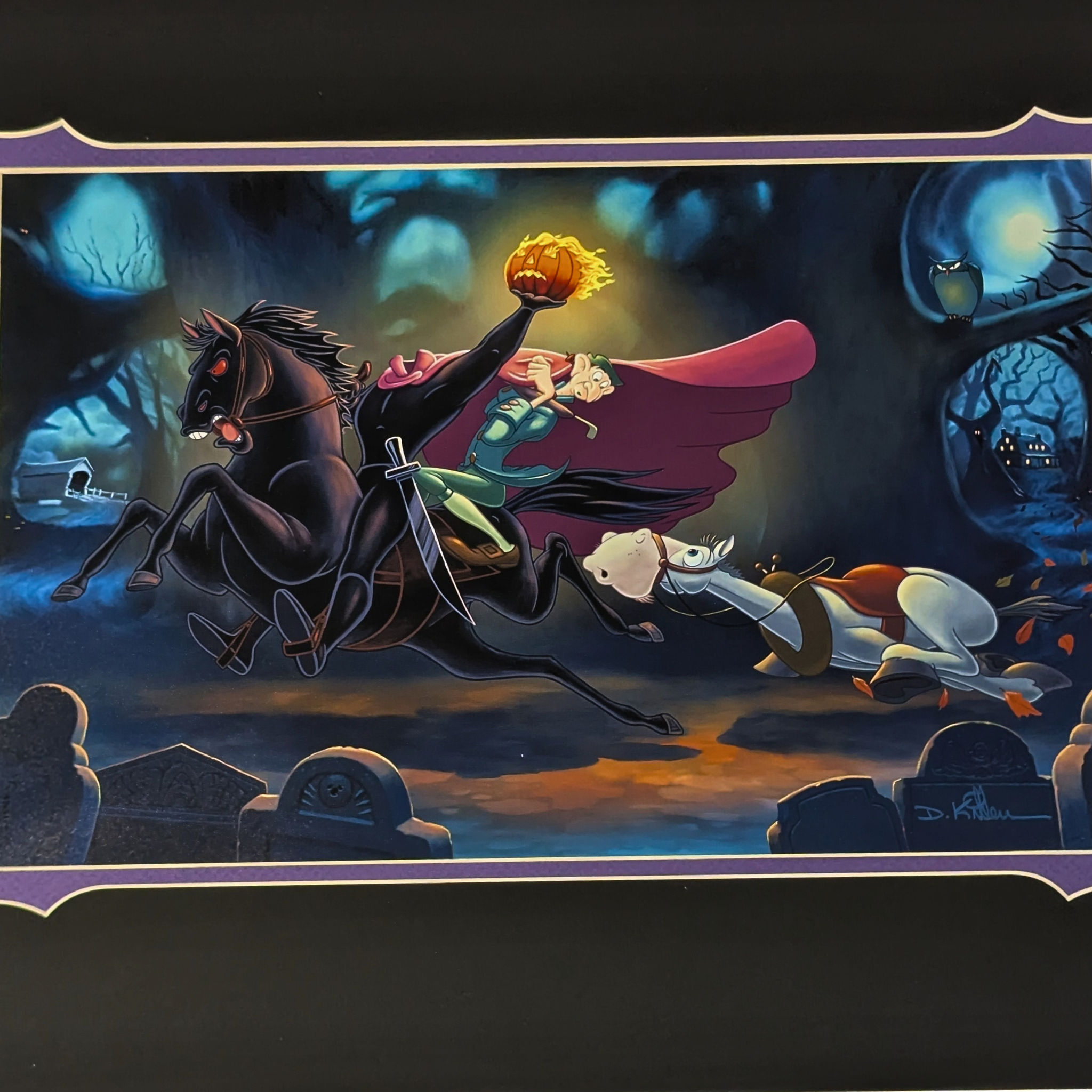 Disney Headless Horseman 'A Head Behind' Print by Daniel Killen, 18x14 with black mat and purple border, Halloween decor.