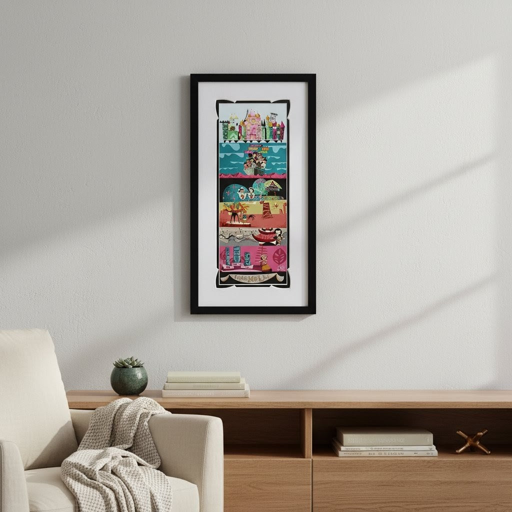 Framed artwork on a wall above a wooden console table in a living room.