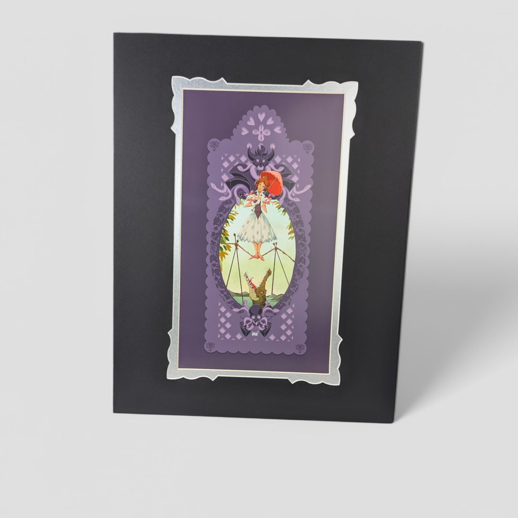 Disney Papel Picado Umbrella Print by Francisco Herrera, WonderGround Gallery art with black mat and purple border.